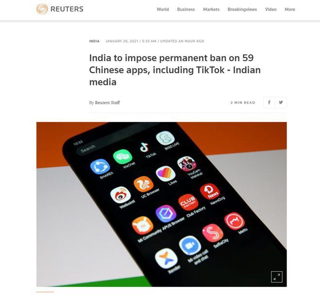 印媒：印度宣布将永久禁止59款中国APP 包括百度、UC浏览器等