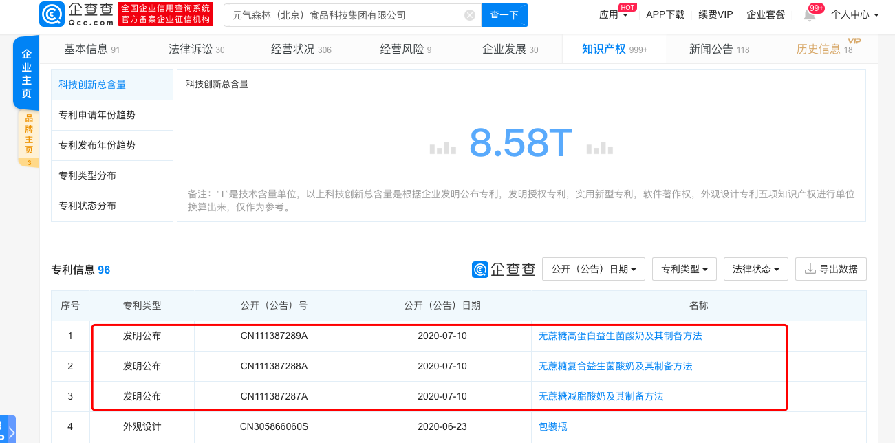 元气森林申请多个与酸奶相关专利