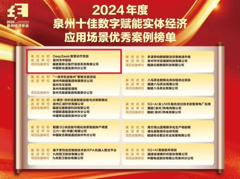 易联众医信助力泉州市中医院DeepSeek项目入选泉州十佳数字赋能案例